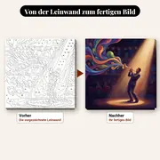 Malen nach Zahlen Jazz-Trompeter im Scheinwerferlicht – vorher und nachher: vorgezeichnete Leinwand und fertiges Gemälde