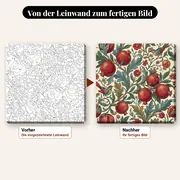 Malen nach Zahlen Obst: Granatäpfel und Blätter im Dekormuster – vorher und nachher: vorgezeichnete Leinwand und fertiges Gemälde