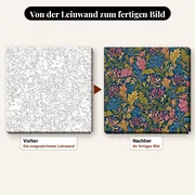 Malen nach Zahlen Geißblatt Blumenmuster in Pastell – vorher und nachher: vorgezeichnete Leinwand und fertiges Gemälde