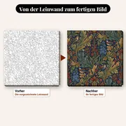 Malen nach Zahlen Rittersporn in Blau und Rostrot – vorher und nachher: vorgezeichnete Leinwand und fertiges Gemälde