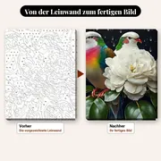 Malen nach Zahlen zwei Vögel und weiße Blume im Regen – vorher und nachher: vorgezeichnete Leinwand und fertiges Gemälde