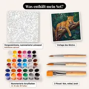 Malen nach Zahlen Leopard auf einem Ast – Set-Inhalt: vorgezeichnete Leinwand, Farben, Pinsel