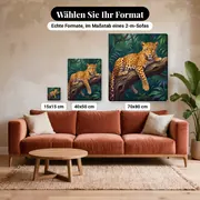 Malen nach Zahlen Leopard auf einem Ast – verfügbare Formate im Größenvergleich zu einem Sofa