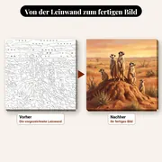 Malen nach Zahlen Erdmännchen als Wachposten in der Wüste – vorher und nachher: vorgezeichnete Leinwand und fertiges Gemälde