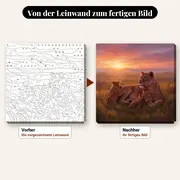 Malen nach Zahlen Löwin und Löwenjunge in der Savanne – vorher und nachher: vorgezeichnete Leinwand und fertiges Gemälde