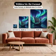 Malen nach Zahlen Wikingerschiff unter Polarlichtern – verfügbare Formate im Größenvergleich zu einem Sofa