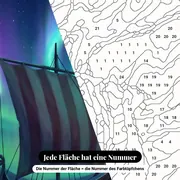 Malen nach Zahlen Wikingerschiff unter Polarlichtern – Nahaufnahme der nummerierten Leinwand