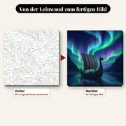 Malen nach Zahlen Wikingerschiff unter Polarlichtern – vorher und nachher: vorgezeichnete Leinwand und fertiges Gemälde