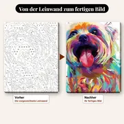 Malen nach Zahlen Hund Pop-Art bunt auf weißem Hintergrund – vorher und nachher: vorgezeichnete Leinwand und fertiges Gemälde