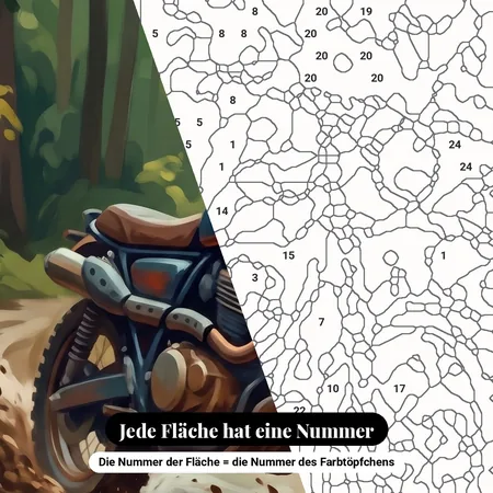 Malen nach Zahlen Scrambler-Motorrad auf schlammigem Pfad – nummerierte Leinwand zum Malen