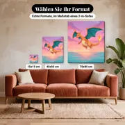 Malen nach Zahlen Glurak fliegt über das Meer – verfügbare Formate im Größenvergleich zu einem Sofa