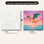 Malen nach Zahlen Glurak fliegt über das Meer – vorher und nachher: vorgezeichnete Leinwand und fertiges Gemälde