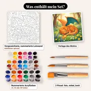 Malen nach Zahlen Glurak und Glumanda auf einer Blumenwiese – Set-Inhalt: vorgezeichnete Leinwand, Farben, Pinsel