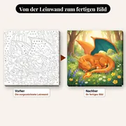 Malen nach Zahlen Glurak und Glumanda auf einer Blumenwiese – vorher und nachher: vorgezeichnete Leinwand und fertiges Gemälde