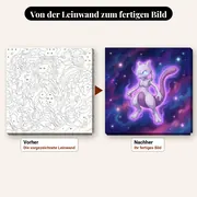 Malen nach Zahlen Mewtu schwebend im Sternenraum – vorher und nachher: vorgezeichnete Leinwand und fertiges Gemälde