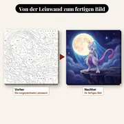 Malen nach Zahlen Mewtu auf Klippe im Mondlicht – vorher und nachher: vorgezeichnete Leinwand und fertiges Gemälde