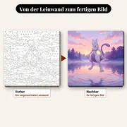 Malen nach Zahlen Mewtu über einem See – vorher und nachher: vorgezeichnete Leinwand und fertiges Gemälde