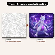 Malen nach Zahlen Mewtu legendäres Pokémon im Gewitter – vorher und nachher: vorgezeichnete Leinwand und fertiges Gemälde