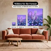 Malen nach Zahlen Mewtu zwischen leuchtenden Blumen – verfügbare Formate im Größenvergleich zu einem Sofa