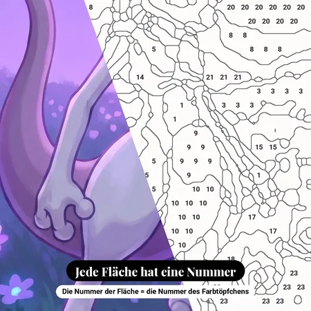 Malen nach Zahlen Mewtu zwischen leuchtenden Blumen – nummerierte Leinwand zum Malen