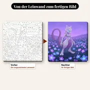 Malen nach Zahlen Mewtu zwischen leuchtenden Blumen – vorher und nachher: vorgezeichnete Leinwand und fertiges Gemälde
