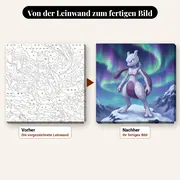 Malen nach Zahlen Mewtu auf einem verschneiten Gipfel – vorher und nachher: vorgezeichnete Leinwand und fertiges Gemälde