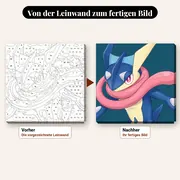 Malen nach Zahlen Quajutsu Pokémon-Porträt – vorher und nachher: vorgezeichnete Leinwand und fertiges Gemälde