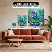 Malen nach Zahlen Quajutsu auf einer Seerose mit Kois – verfügbare Formate im Größenvergleich zu einem Sofa