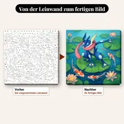 Malen nach Zahlen Quajutsu auf einer Seerose mit Kois – vorher und nachher: vorgezeichnete Leinwand und fertiges Gemälde