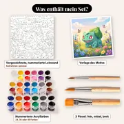 Malen nach Zahlen Bisasam Blumenwiese – Set-Inhalt: vorgezeichnete Leinwand, Farben, Pinsel