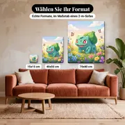 Malen nach Zahlen Bisasam Blumenwiese – verfügbare Formate im Größenvergleich zu einem Sofa