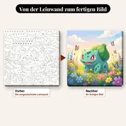 Malen nach Zahlen Bisasam Blumenwiese – vorher und nachher: vorgezeichnete Leinwand und fertiges Gemälde