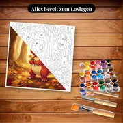 Malen nach Zahlen Glumanda mit einer Blume im Wald – Set bereit zum Loslegen auf dem Tisch