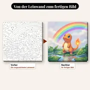 Malen nach Zahlen Glumanda Regenbogen im Wald – vorher und nachher: vorgezeichnete Leinwand und fertiges Gemälde