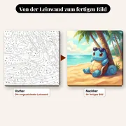 Malen nach Zahlen Schiggy am Strand liegend – vorher und nachher: vorgezeichnete Leinwand und fertiges Gemälde