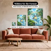 Malen nach Zahlen Schiggy auf einem Wasserfall – verfügbare Formate im Größenvergleich zu einem Sofa
