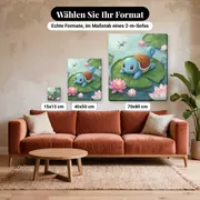 Malen nach Zahlen Schiggy auf einer Seerose – verfügbare Formate im Größenvergleich zu einem Sofa