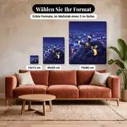 Malen nach Zahlen Nachtara auf einem Dach bei Nacht – verfügbare Formate im Größenvergleich zu einem Sofa