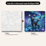 Malen nach Zahlen Nachtara in einem Feld aus Nachtblumen – vorher und nachher: vorgezeichnete Leinwand und fertiges Gemälde