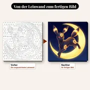 Malen nach Zahlen Nachtara springend vor dem Mond – vorher und nachher: vorgezeichnete Leinwand und fertiges Gemälde