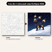 Malen nach Zahlen Nachtara schwarzes Pokémon mit gelben Ringen – vorher und nachher: vorgezeichnete Leinwand und fertiges Gemälde