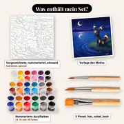 Malen nach Zahlen Nachtara am Ufer eines sternenklaren Sees – Set-Inhalt: vorgezeichnete Leinwand, Farben, Pinsel