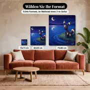 Malen nach Zahlen Nachtara am Ufer eines sternenklaren Sees – verfügbare Formate im Größenvergleich zu einem Sofa