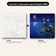 Malen nach Zahlen Nachtara am Ufer eines sternenklaren Sees – vorher und nachher: vorgezeichnete Leinwand und fertiges Gemälde