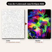 Malen nach Zahlen Yorkshire Terrier Pop-Art – vorher und nachher: vorgezeichnete Leinwand und fertiges Gemälde
