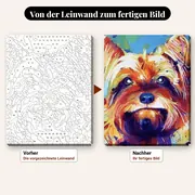 Malen nach Zahlen Yorkshire Terrier Pop-Art bunt – vorher und nachher: vorgezeichnete Leinwand und fertiges Gemälde