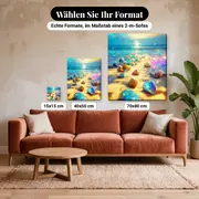 Malen nach Zahlen Strand mit funkelnden Kieselsteinen – verfügbare Formate im Größenvergleich zu einem Sofa