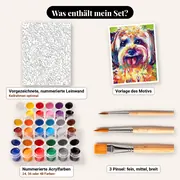 Malen nach Zahlen Hund Pop-Art bunt auf grünem Hintergrund – Set-Inhalt: vorgezeichnete Leinwand, Farben, Pinsel