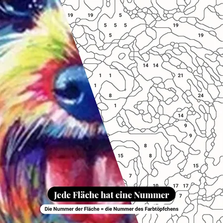 Malen nach Zahlen Hund Pop-Art bunt auf grünem Hintergrund – nummerierte Leinwand zum Malen