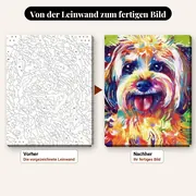 Malen nach Zahlen Hund Pop-Art bunt auf grünem Hintergrund – vorher und nachher: vorgezeichnete Leinwand und fertiges Gemälde